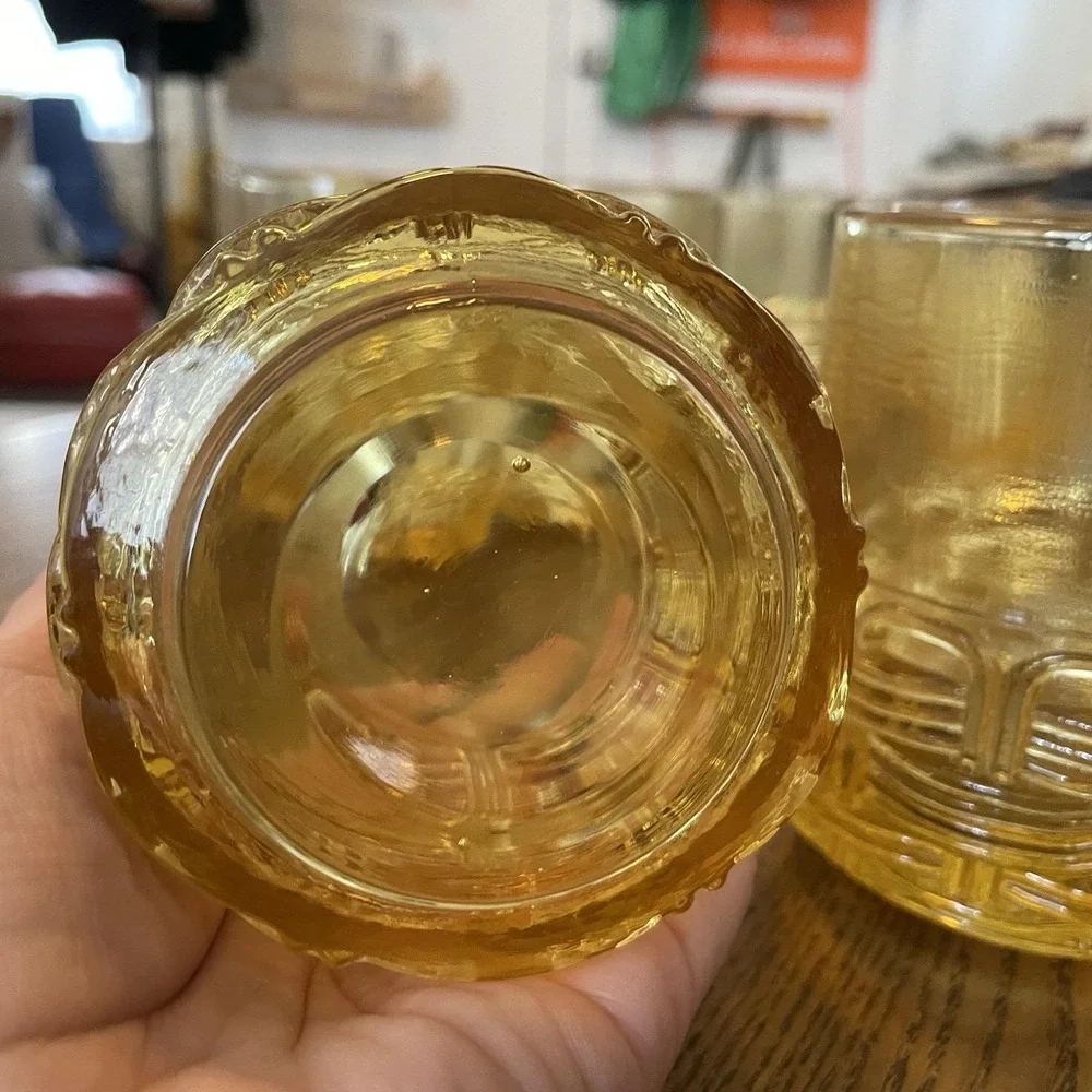 Vintage LE Smith Glass Amber Yellow Wicker Basket Set of 8 Old Fashioned Glasses
